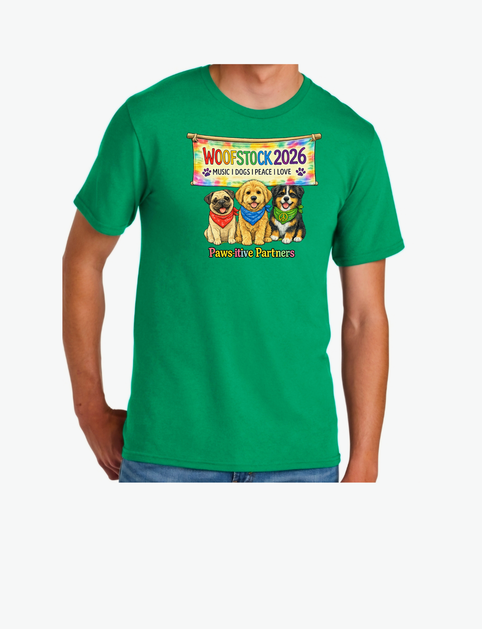 woofstock fundraiser event shirt in kelly green for paws-itive partners north platte nebraska